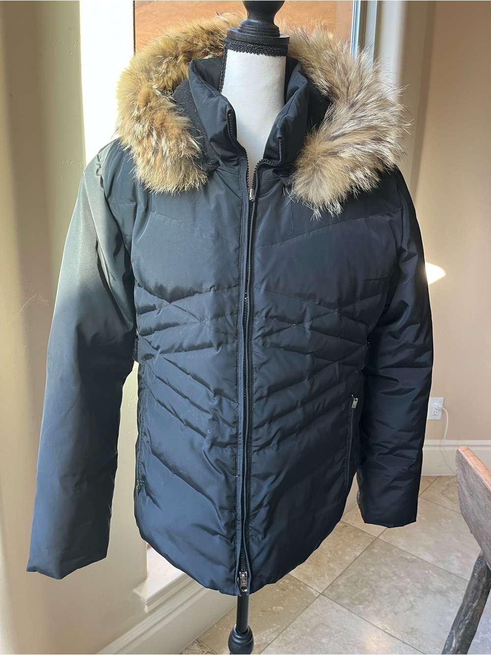 Anne Klein Black Puffer Jacket with real coyote fur